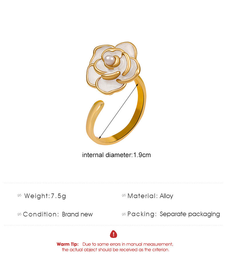 Vintage White Camellia Ring | French Light Luxury Alloy Women's