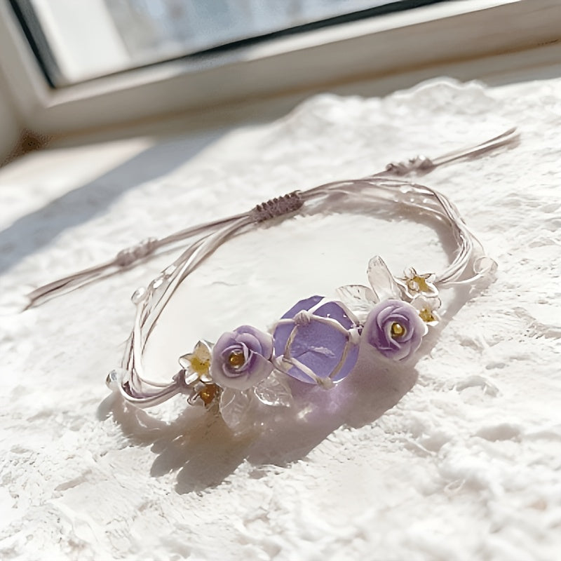 Purple Camellia Double-Tone Handwoven Crystal Bracelet | Light Luxury