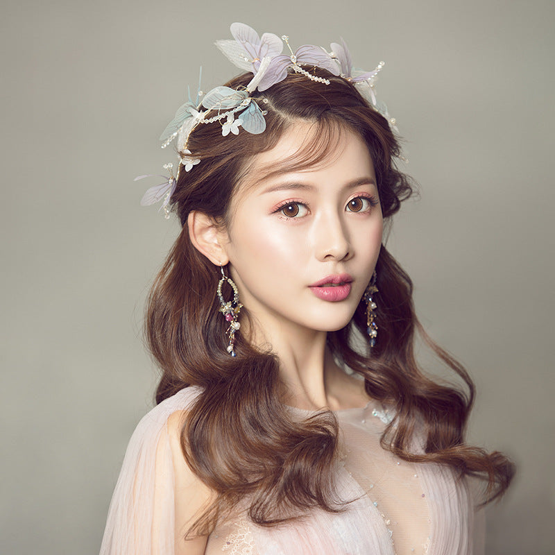 Bridal Wings Hair Band Set | Cloth Korean Purple with Earrings