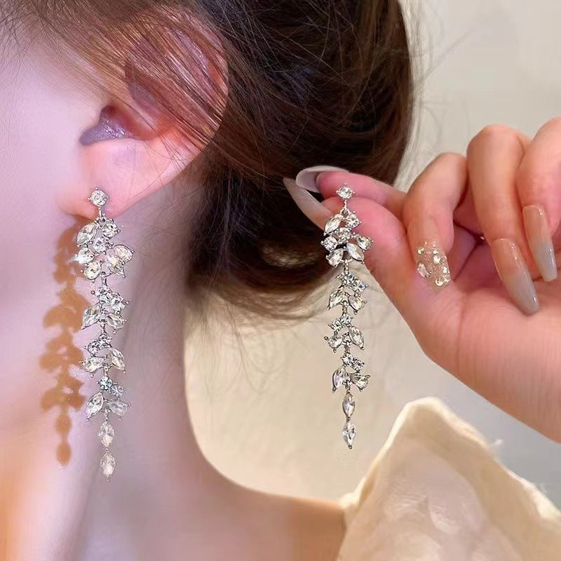 Crystal Diamond Leaf Tassel Earrings | Silver Needle Alloy Natural