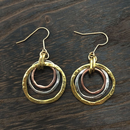 Retro Bohemian Triple-Circle Earrings | Alloy Colour-Block Ethnic