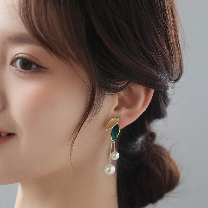 Pearl Leaf Tassel Earrings | Alloy Korean Style Beige Green