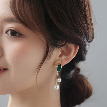 Pearl Leaf Tassel Earrings | Alloy Korean Style Beige Green