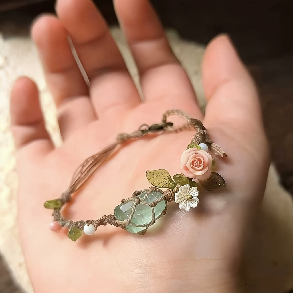 Vintage Pink Flower Crystal Macrame Bracelet | Boho Gift for Her