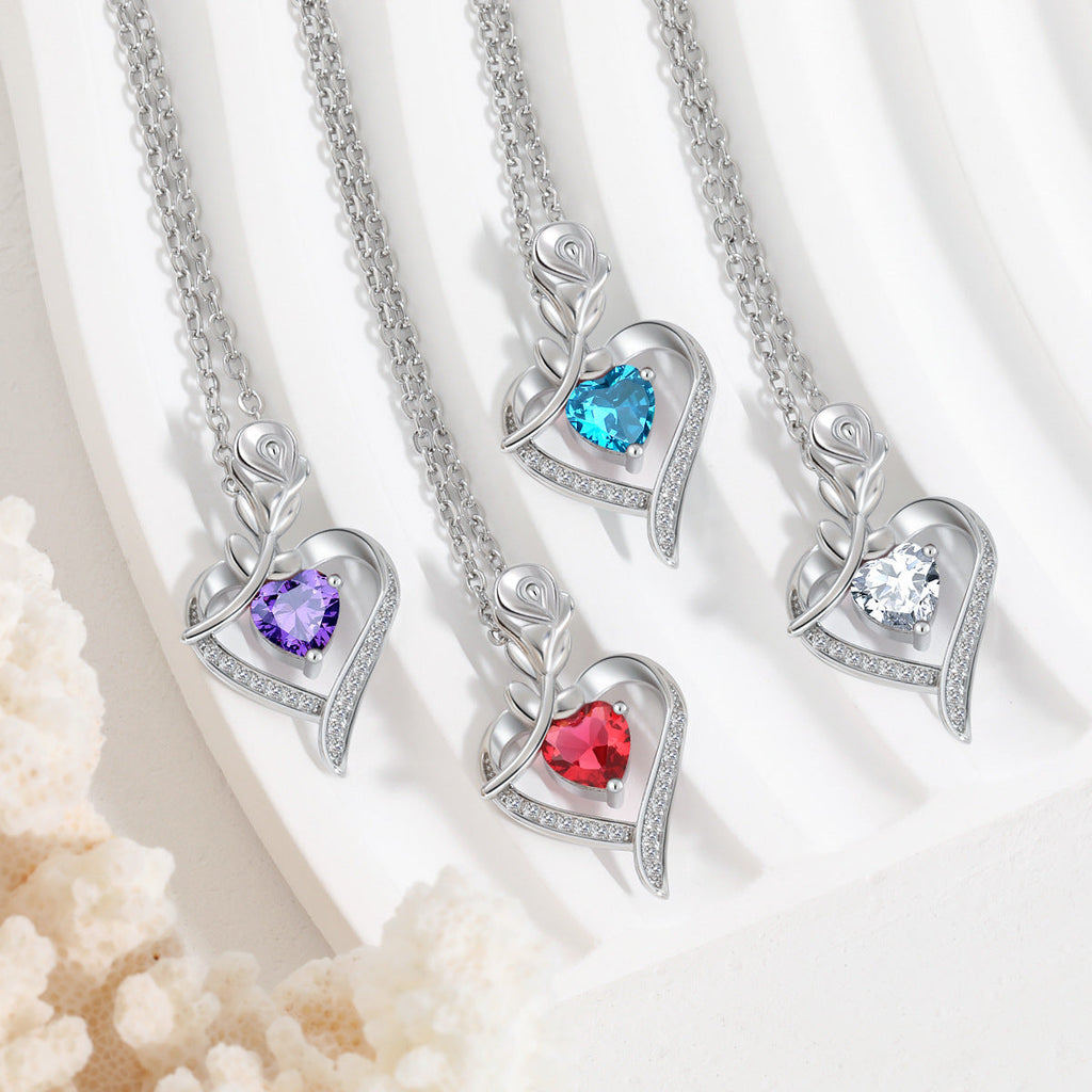 Rose Heart Rhinestone Pendant Necklace for Women