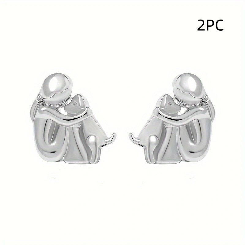 Little Girl and Dog Hug Ear Studs | Alloy Cartoon Unisex Gold Silver