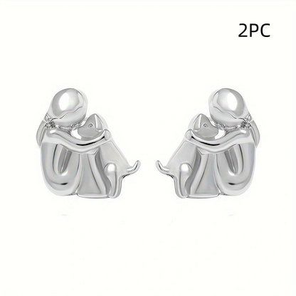 Little Girl and Dog Hug Ear Studs | Alloy Cartoon Unisex Gold Silver