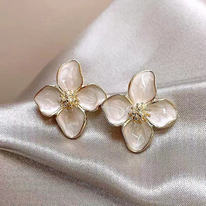 3D Flower Oil Drop Earrings | Metal White Red Green Floral