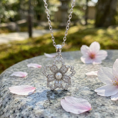 925 Sterling Silver Elegant Silver Cherry Blossom Flower Pendant Necklace with Center Pearl