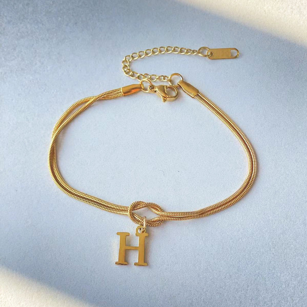 Initial Letter Love Knot Bracelet for Women | Gold Snake Chain