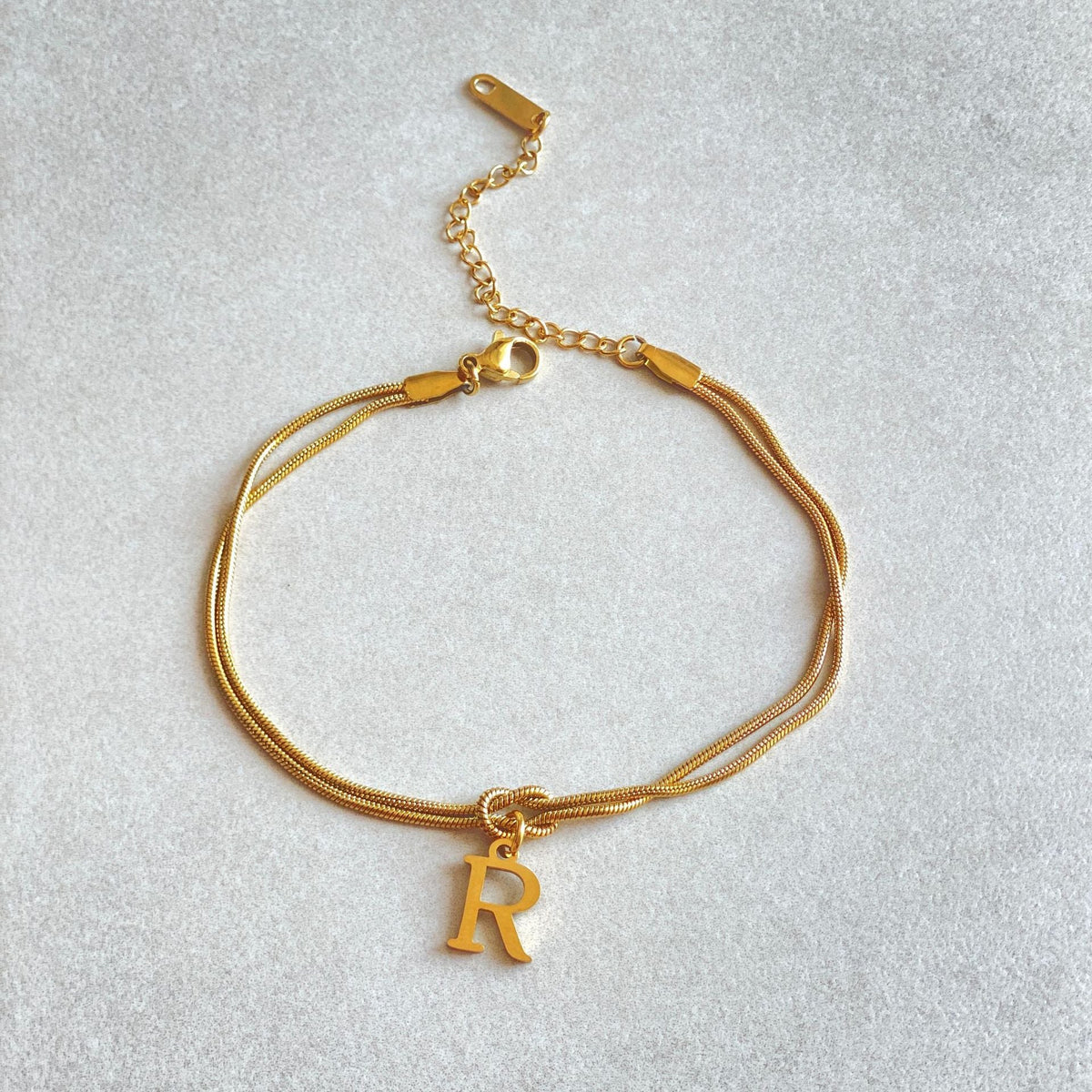 Initial Letter Love Knot Bracelet for Women | Gold Snake Chain