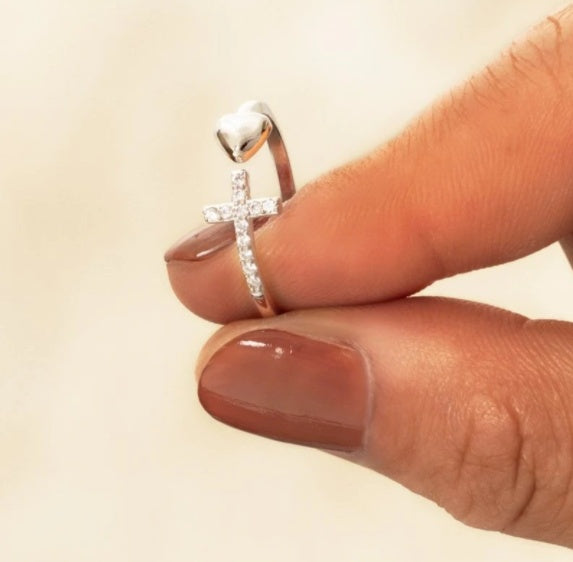 S925 Sterling Silver Love Cross Open Ring | Women's Adjustable