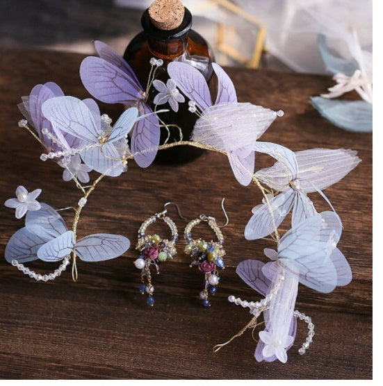 Bridal Wings Hair Band Set | Cloth Korean Purple with Earrings
