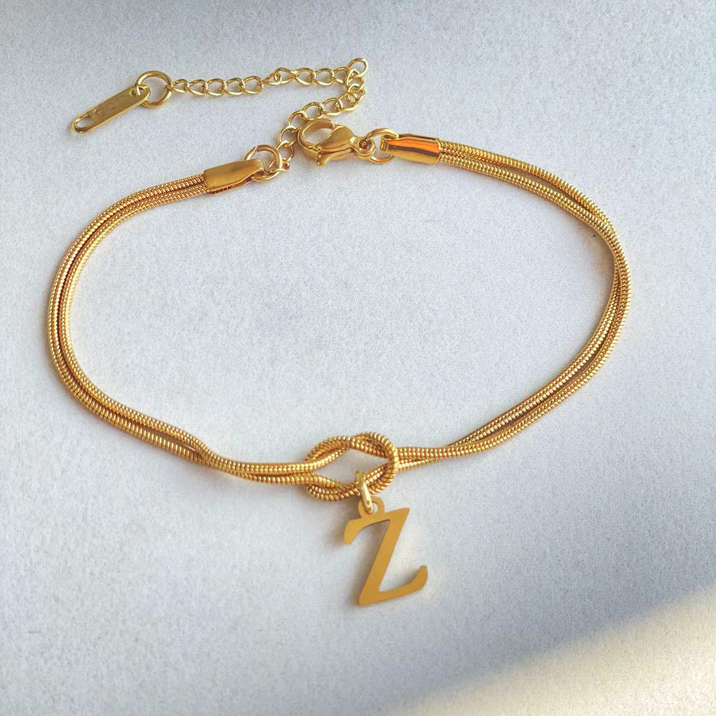 Initial Letter Love Knot Bracelet for Women | Gold Snake Chain