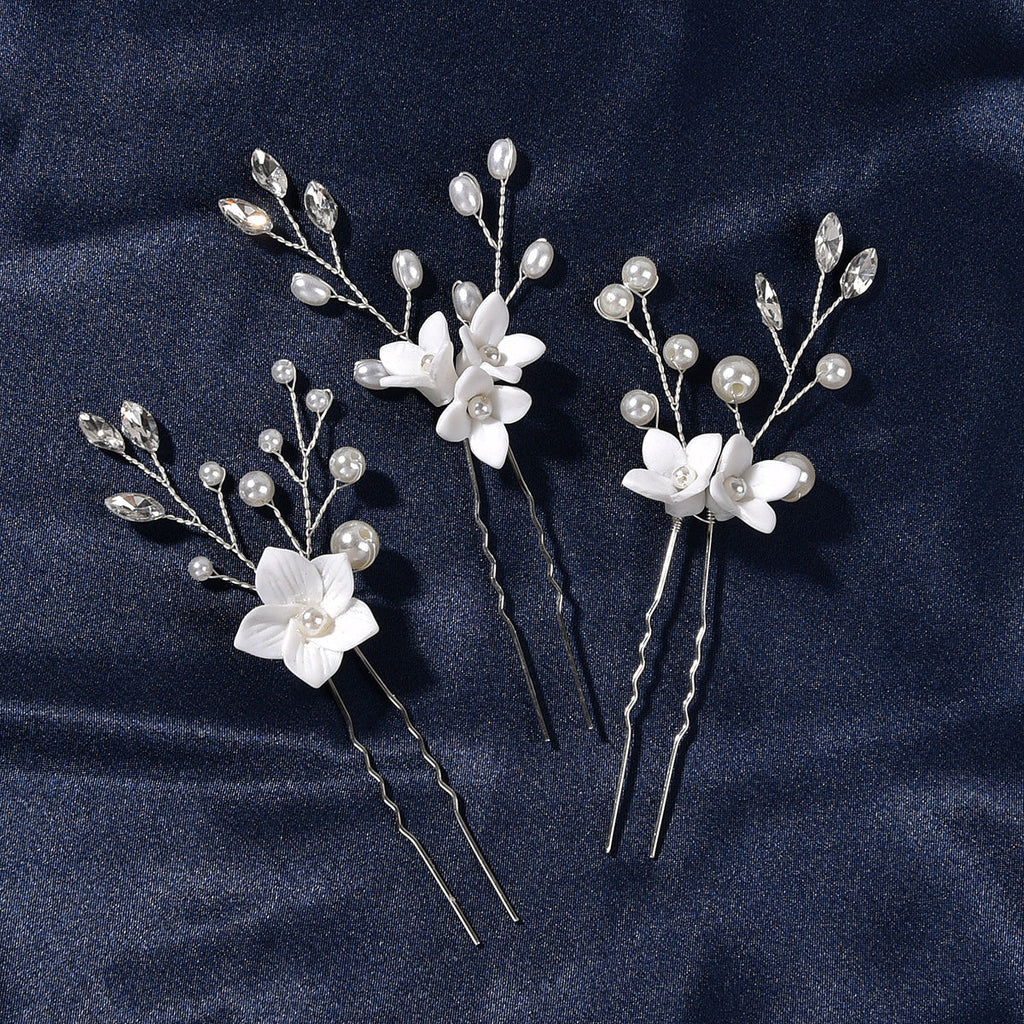 White Flower U-Shape Hairpins | Pearl 3-Set 10cm Gold Silver Rose