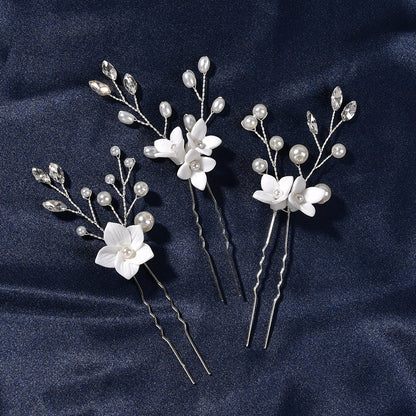 White Flower U-Shape Hairpins | Pearl 3-Set 10cm Gold Silver Rose