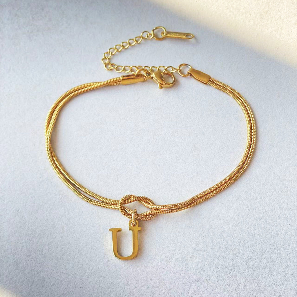 Initial Letter Love Knot Bracelet for Women | Gold Snake Chain