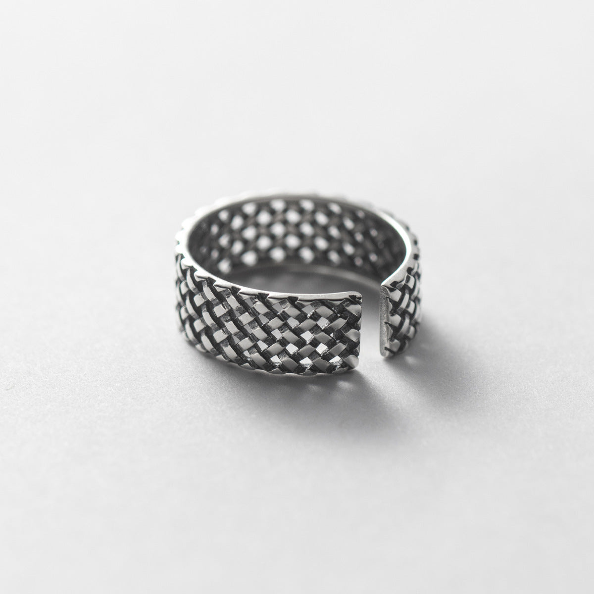 S925 Sterling Silver Plaid Woven Wide Band Ring | Adjustable Women's