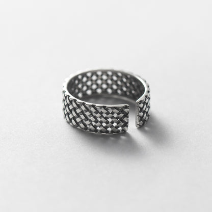 S925 Sterling Silver Plaid Woven Wide Band Ring | Adjustable Women's