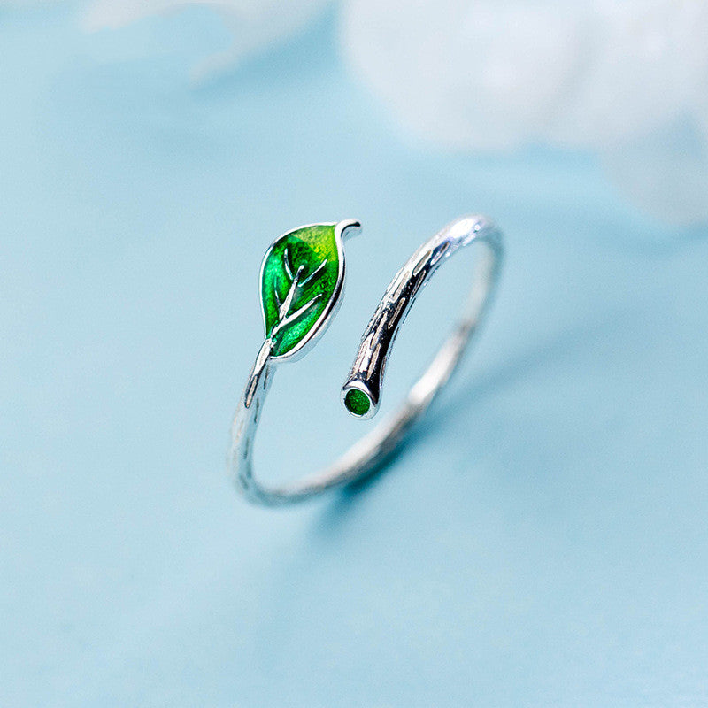 Green Leaf Branch Open Ring | Copper Korean Style Women's
