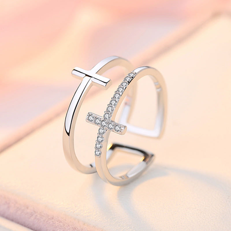 Double Cross Zircon Open Ring | Copper Women's Adjustable