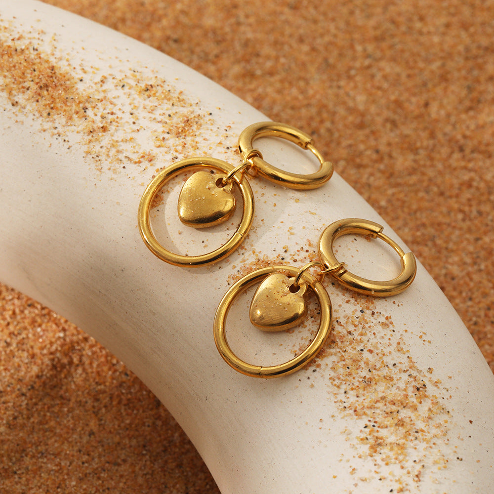 18K Gold Circle Heart Earrings | Stainless Steel European Style