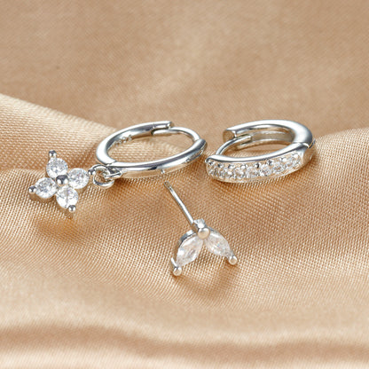 Flower Diamond Stacked Earring Set | Copper INS Gold Silver