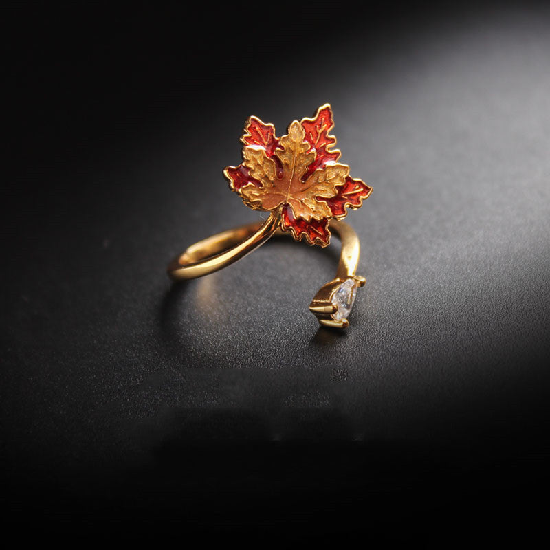 18K Gold Enamel Maple Leaf Ring | Drop Glaze Nature-Inspired