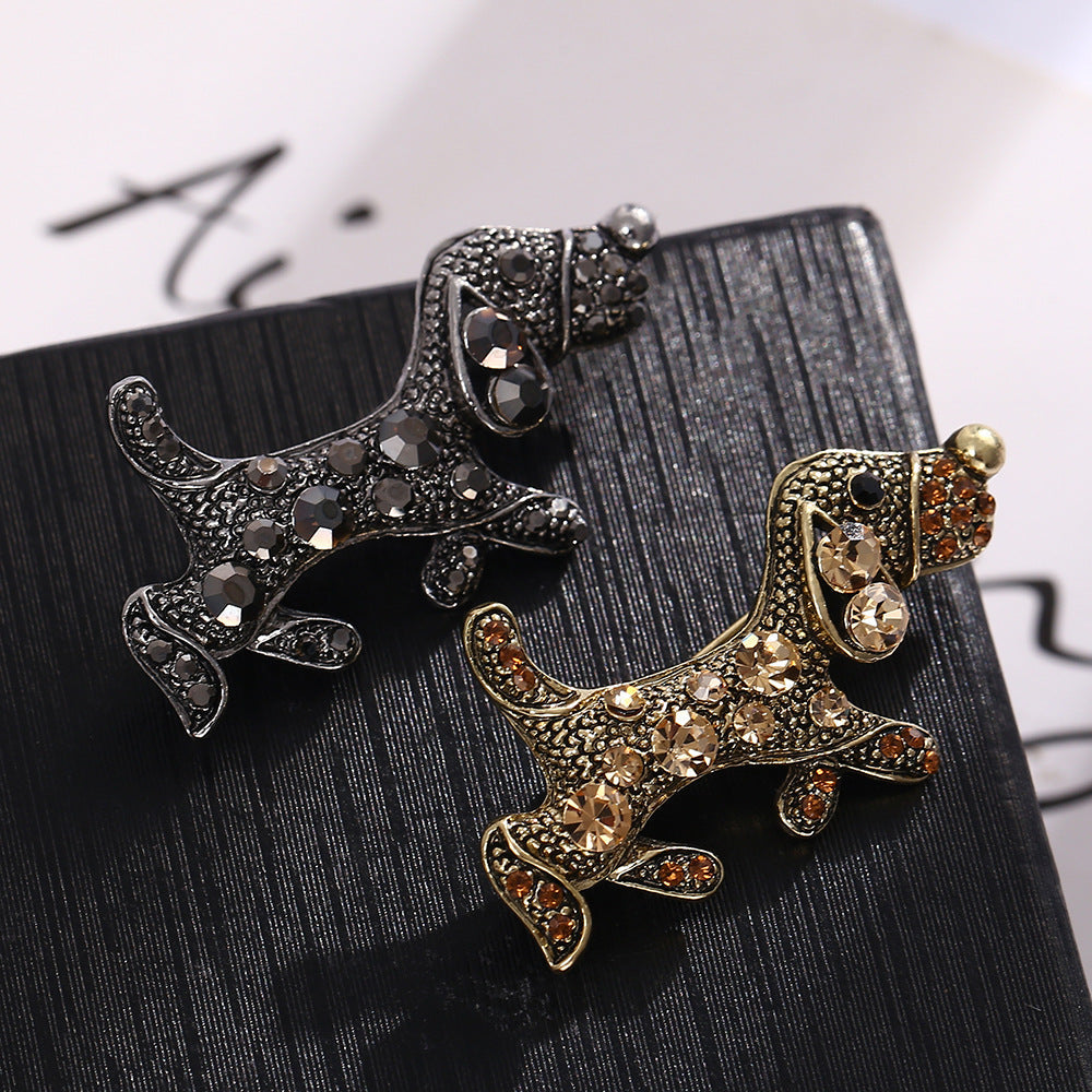Niche Puppy Brooch | Alloy Diamond Inlay Gold Dark Gray 4.2cm