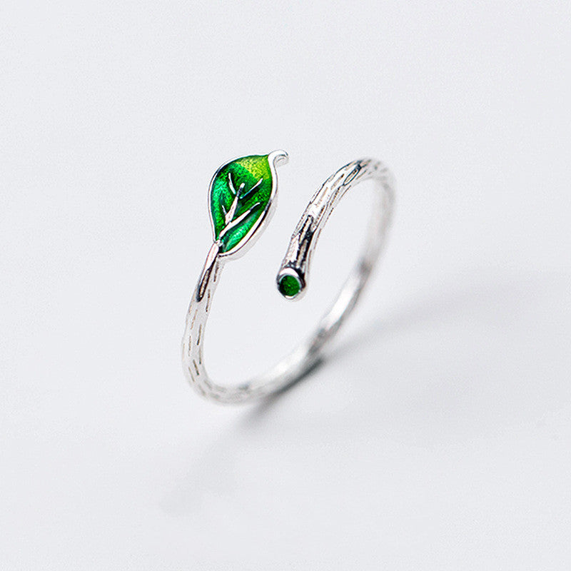 Green Leaf Branch Open Ring | Copper Korean Style Women's