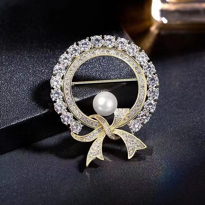 Rhinestone Bow Pearl Brooch | Alloy Korean Gold Silver Dual-Use