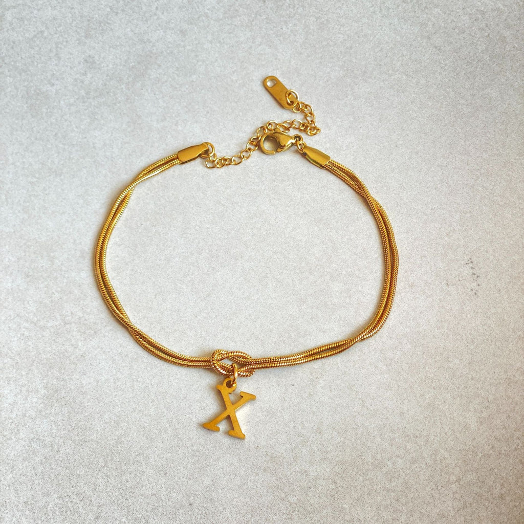 Initial Letter Love Knot Bracelet for Women | Gold Snake Chain