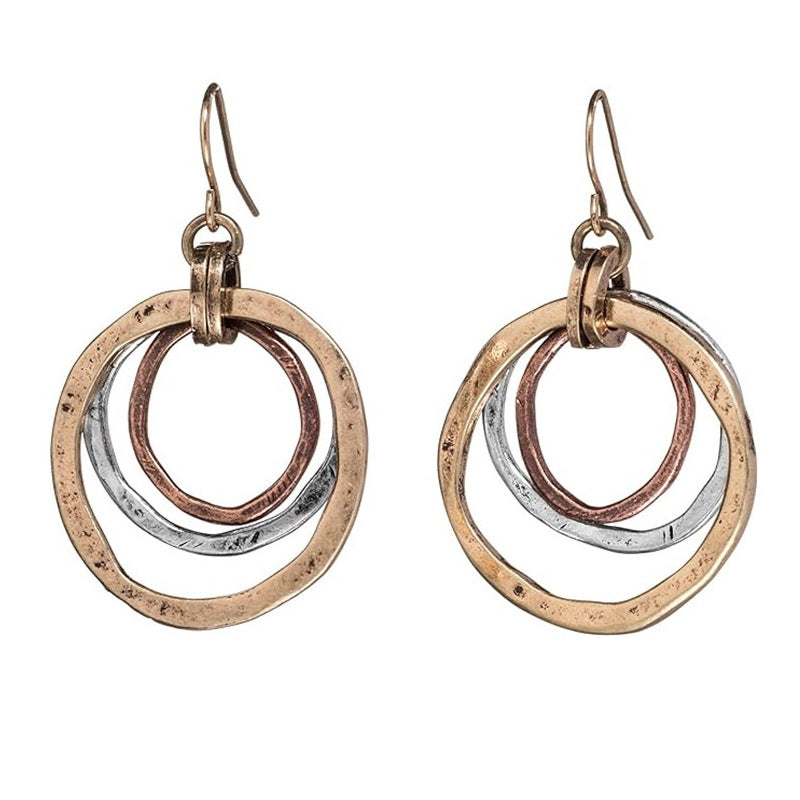 Retro Bohemian Triple-Circle Earrings | Alloy Colour-Block Ethnic
