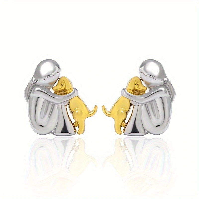 Little Girl and Dog Hug Ear Studs | Alloy Cartoon Unisex Gold Silver