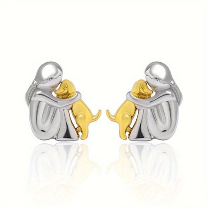 Little Girl and Dog Hug Ear Studs | Alloy Cartoon Unisex Gold Silver
