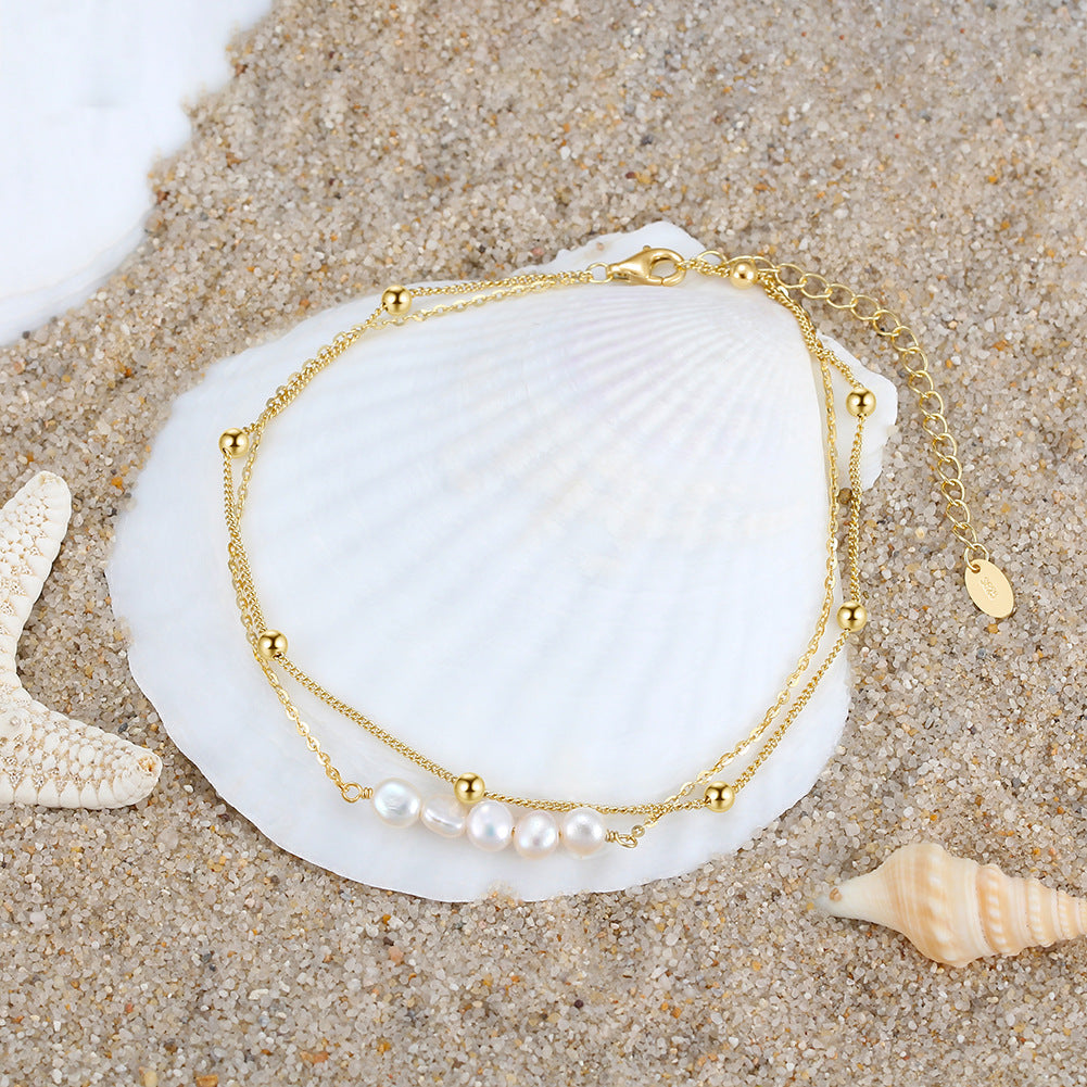 Pearl Double Chain Anklet | 14K Gold White Gold 22+5cm