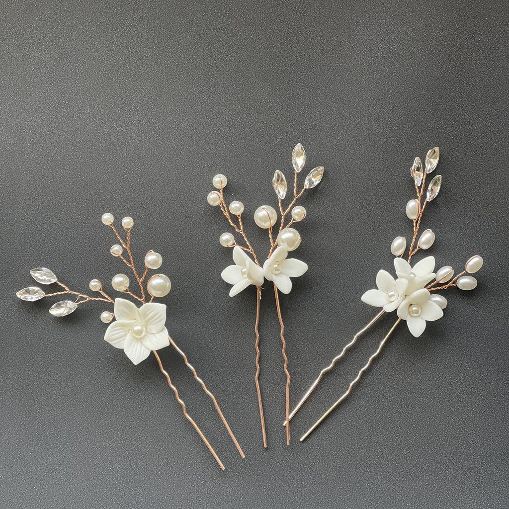 White Flower U-Shape Hairpins | Pearl 3-Set 10cm Gold Silver Rose