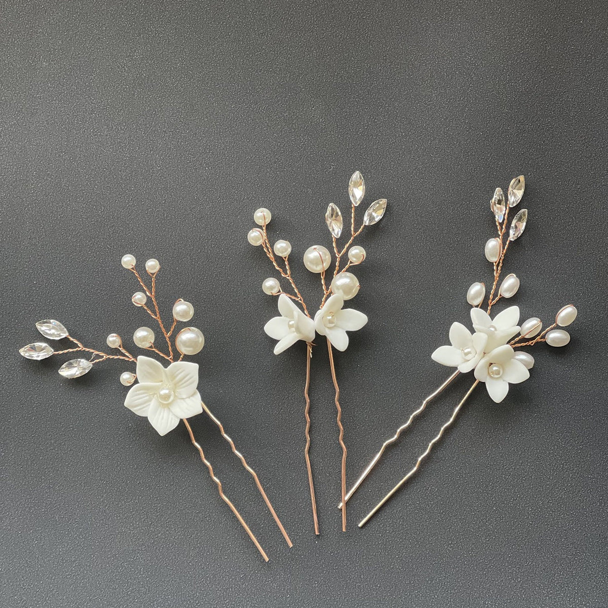 White Flower U-Shape Hairpins | Pearl 3-Set 10cm Gold Silver Rose