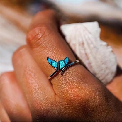 Blue Opal Wing Ring | Alloy Black Gold Creative Women's
