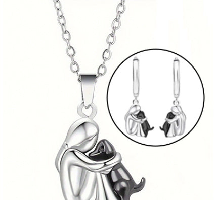 Little Girl and Dog Hug Ear Studs | Alloy Cartoon Unisex Gold Silver