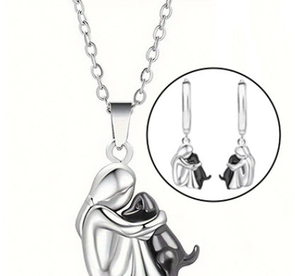Little Girl and Dog Hug Ear Studs | Alloy Cartoon Unisex Gold Silver