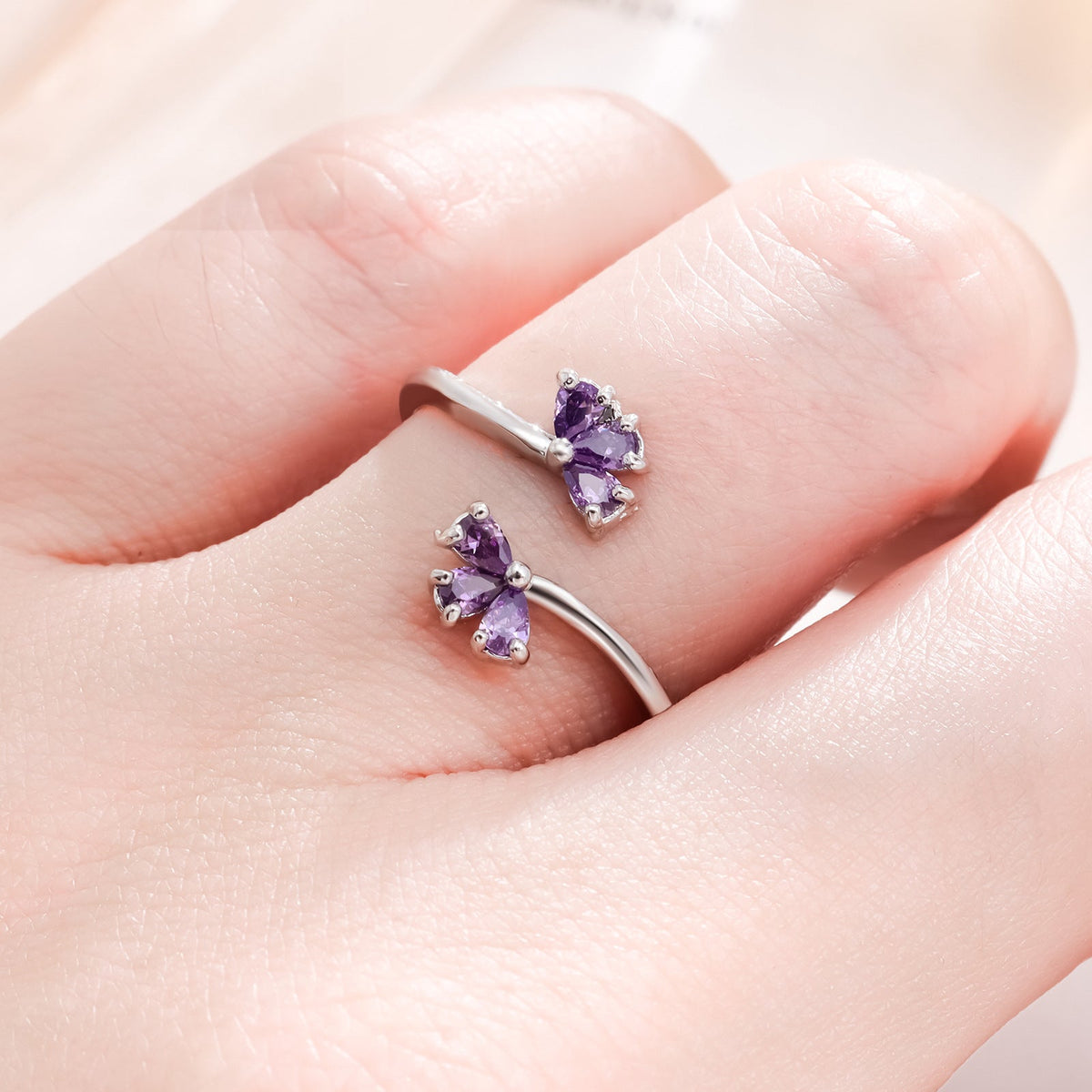 Zircon Purple Petal Open Ring | Adjustable Copper Floral