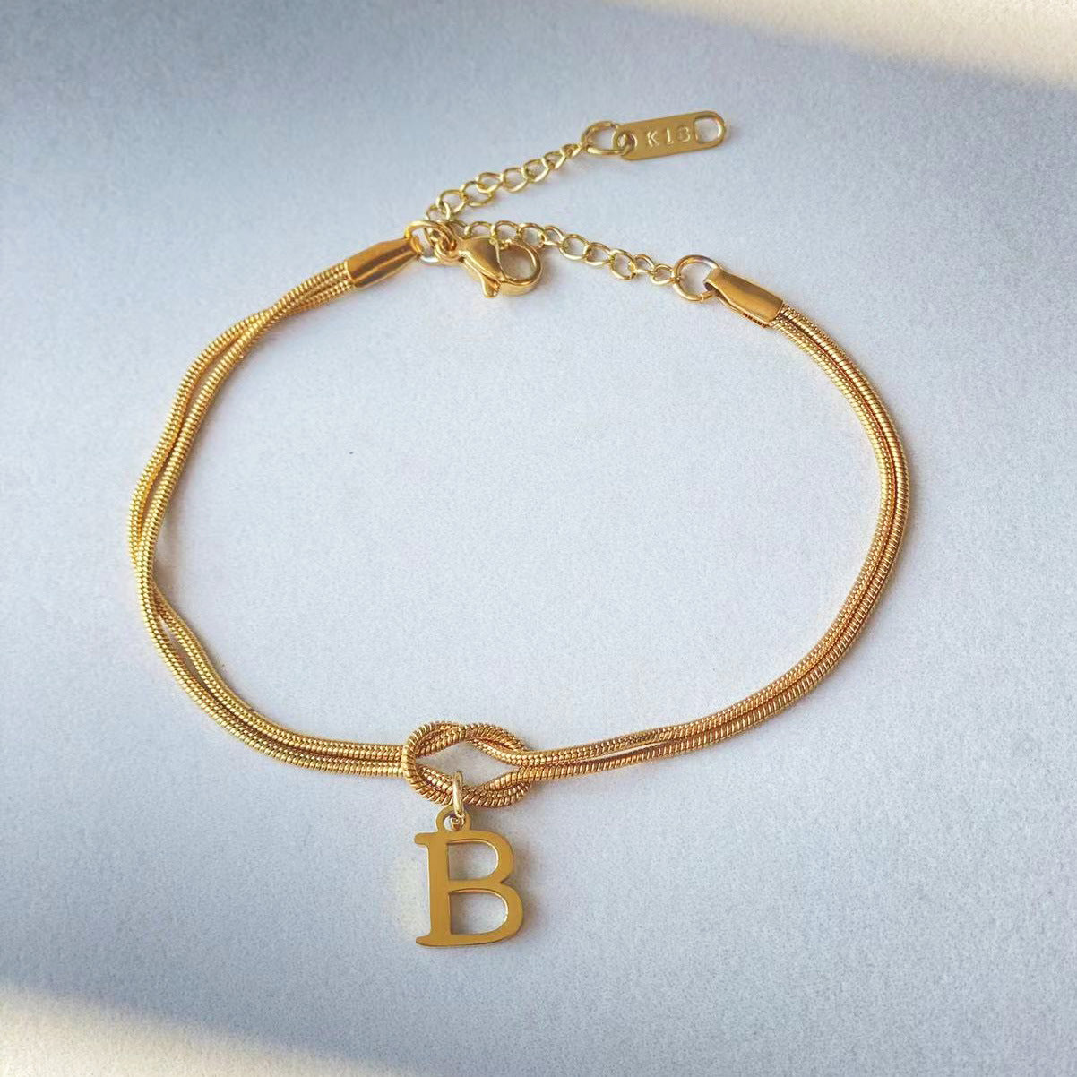 Initial Letter Love Knot Bracelet for Women | Gold Snake Chain