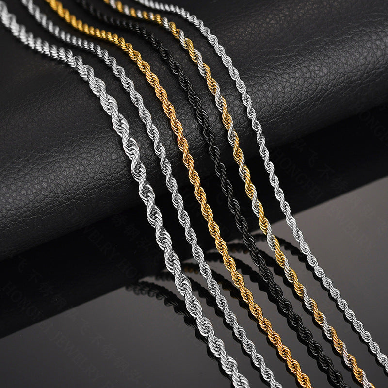 Hip Hop Twisted Rope Chain Necklace in Stainless Steel | Vacuum Plated Gold
