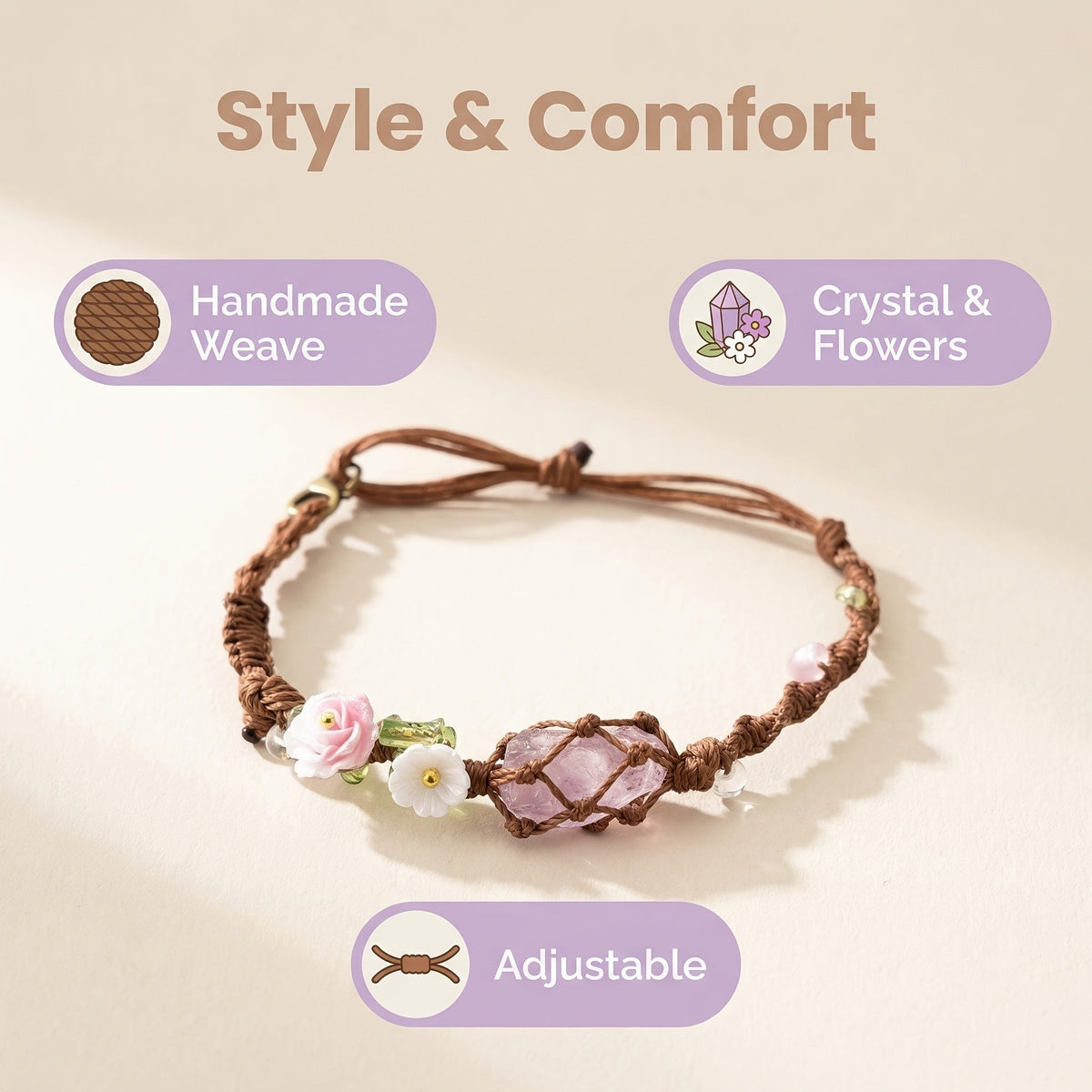 Vintage Amethyst Floral Crystal Adjustable Bangle for Women | Gift