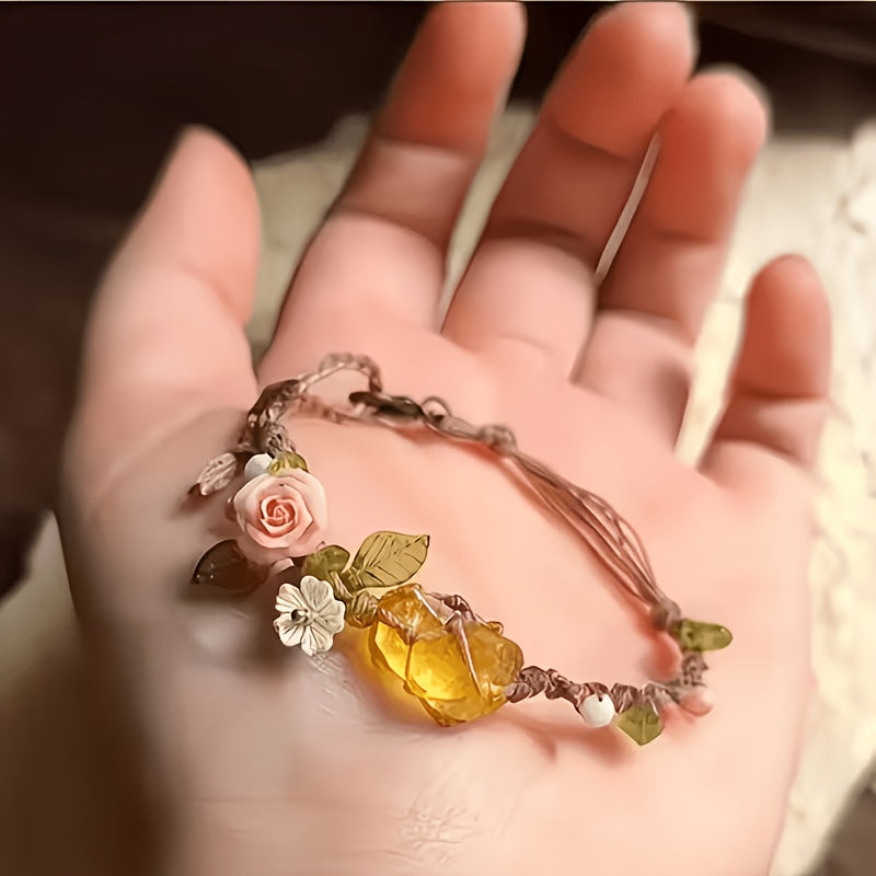 Natural Yellow Crystal Floral Boho Bracelet | Gift for Her