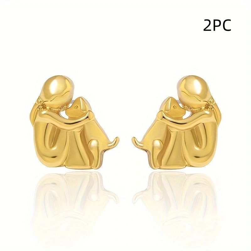 Little Girl and Dog Hug Ear Studs | Alloy Cartoon Unisex Gold Silver