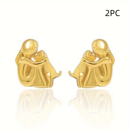 Little Girl and Dog Hug Ear Studs | Alloy Cartoon Unisex Gold Silver