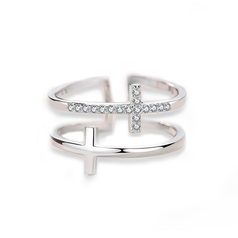 Double Cross Zircon Open Ring | Copper Women's Adjustable