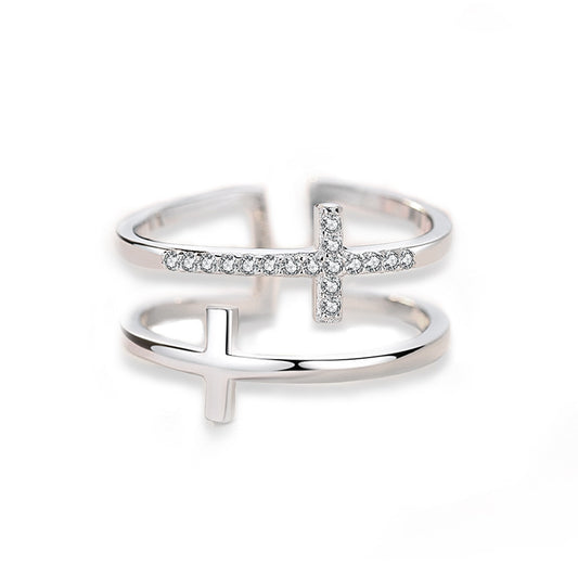 Double Cross Zircon Open Ring | Copper Women's Adjustable
